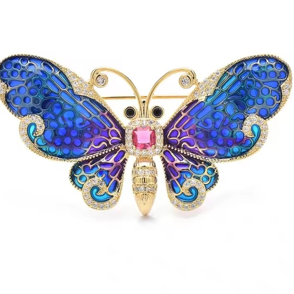 Luxury Elegant Blue Gold Butterfly Brooch - Picture 9 of 10